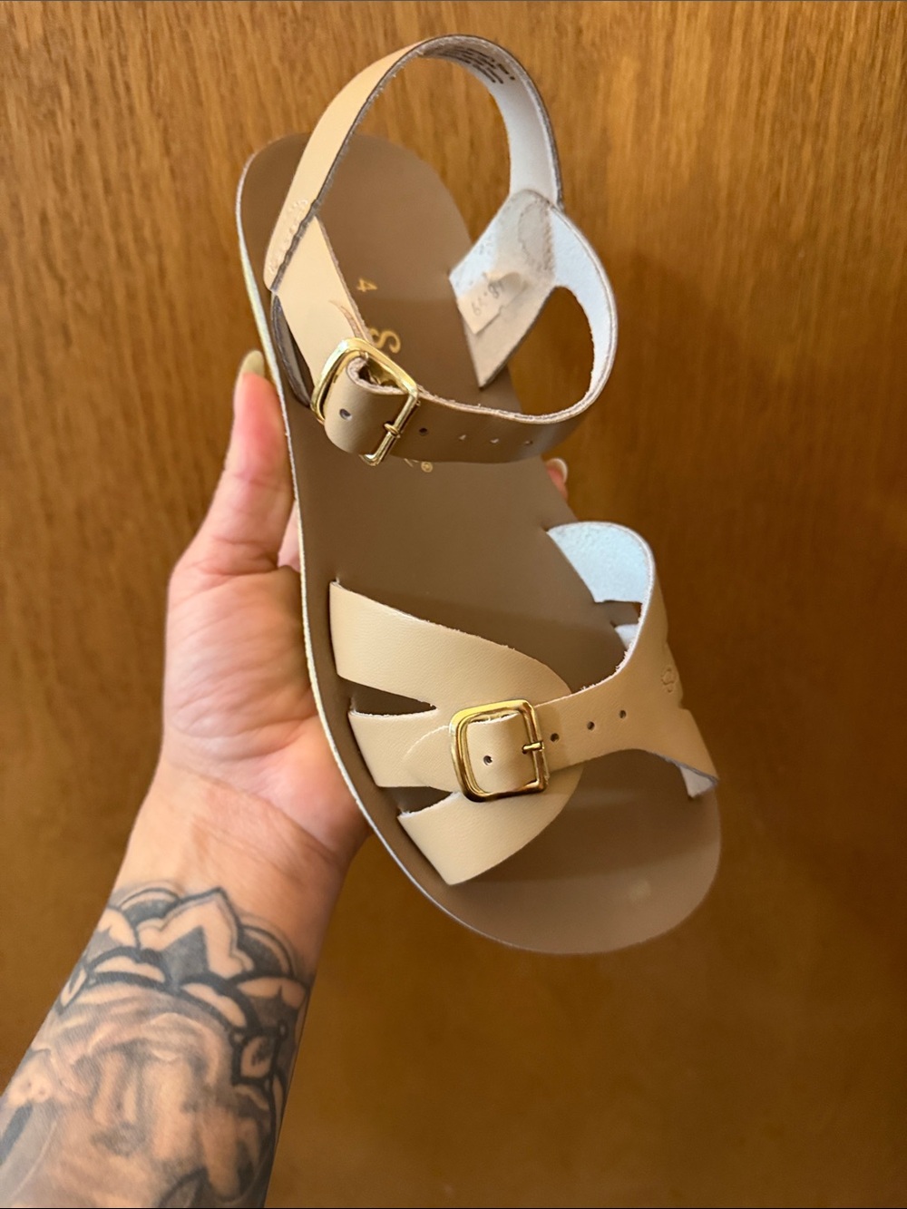 Salt Water Sandals by Hoy Beige/Tan Leather Buckle Sandal